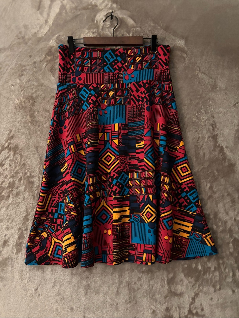 LuLaRoe Colorful Geometric A-Line Midi Skirt - Red, Blue, Yellow Women’s Size L